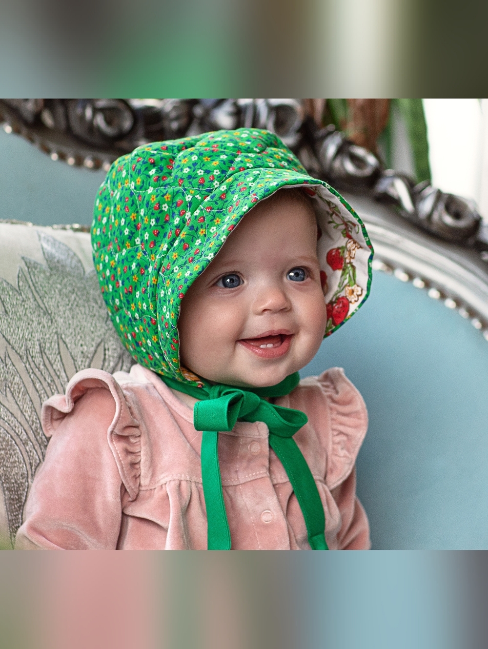 Upcycled Green Calico Quilted Baby Bonnet Reversible Strawberry Shortcake 6-12 M